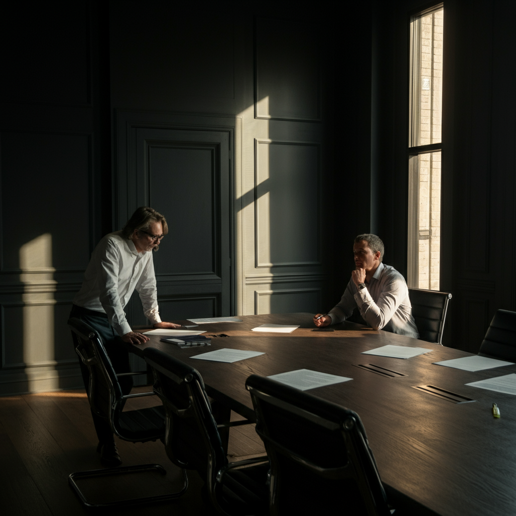 A conference room setting. Two people are seated at a large table covered in documents. Natural light streams in from a window, highlighting the texture of the wood table. One person is leaning forward attentively while the other speaks.