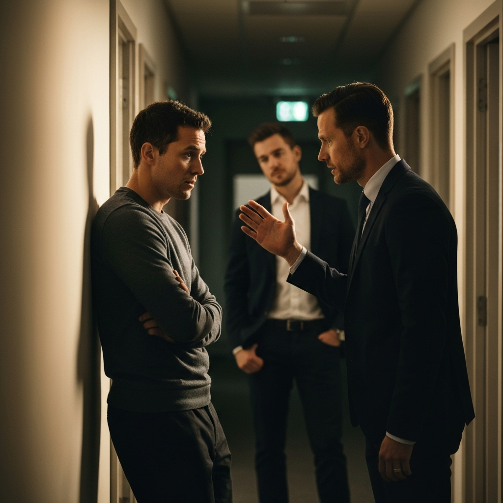 A dimly lit office hallway. A person is leaning against the wall, looking concerned while a manager approaches them with a reassuring expression. The focus is on their facial expressions and body language, showing empathy and support.