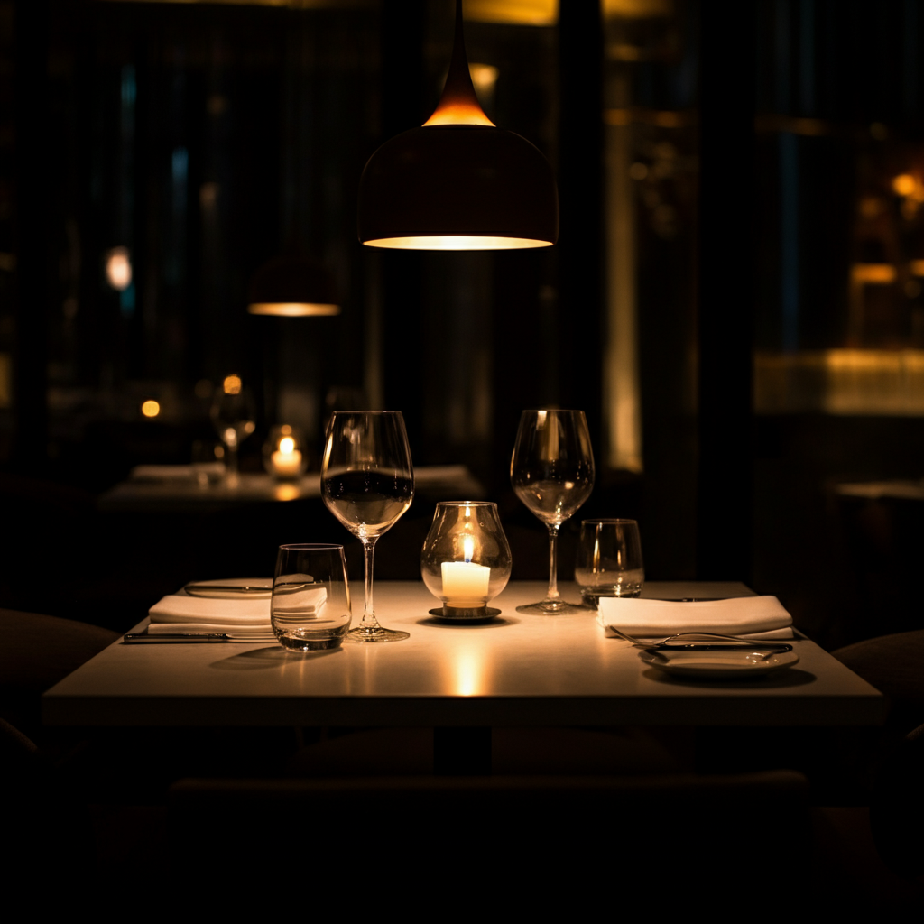 A restaurant setting with dim lighting. A table is set for two people. Wine glasses are partially filled, and a soft candle flickers in the center of the table, creating a warm ambiance.