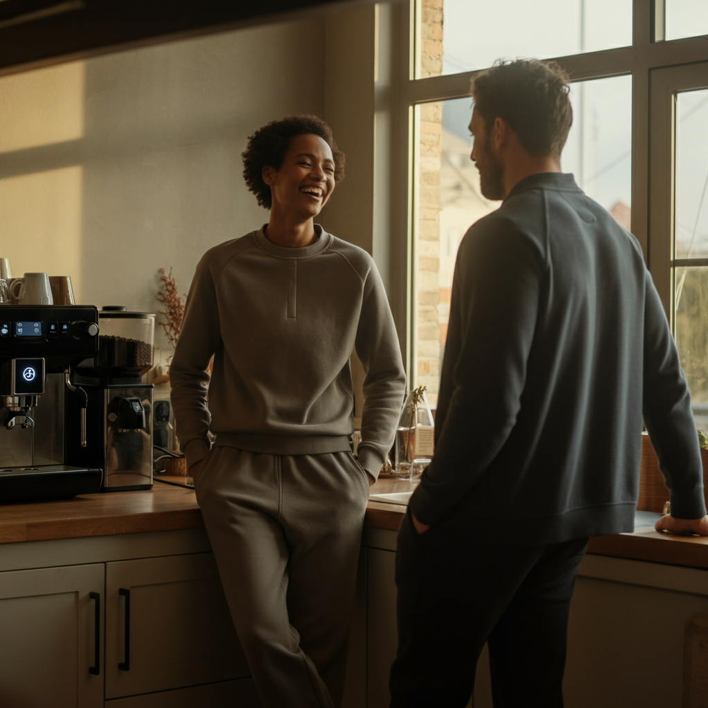 A breakroom setting. Two individuals are standing near a coffee machine, engaged in conversation. One is laughing, while the other is making eye contact with a slight smile. Sunlight is streaming through a nearby window.