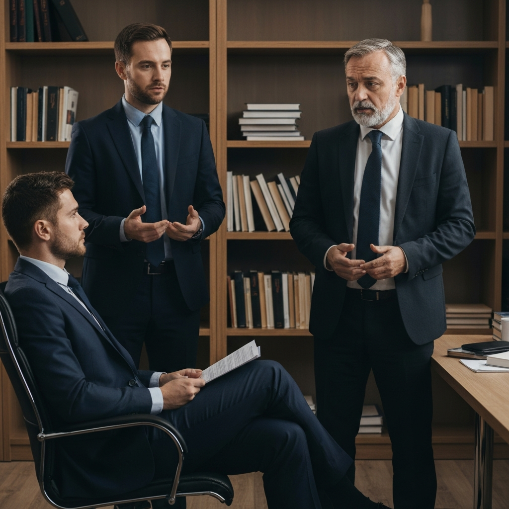 An office with bookshelves in the background. One person is seated in a chair, listening attentively to someone standing and speaking with a serious expression. The scene is lit with a soft, warm glow.