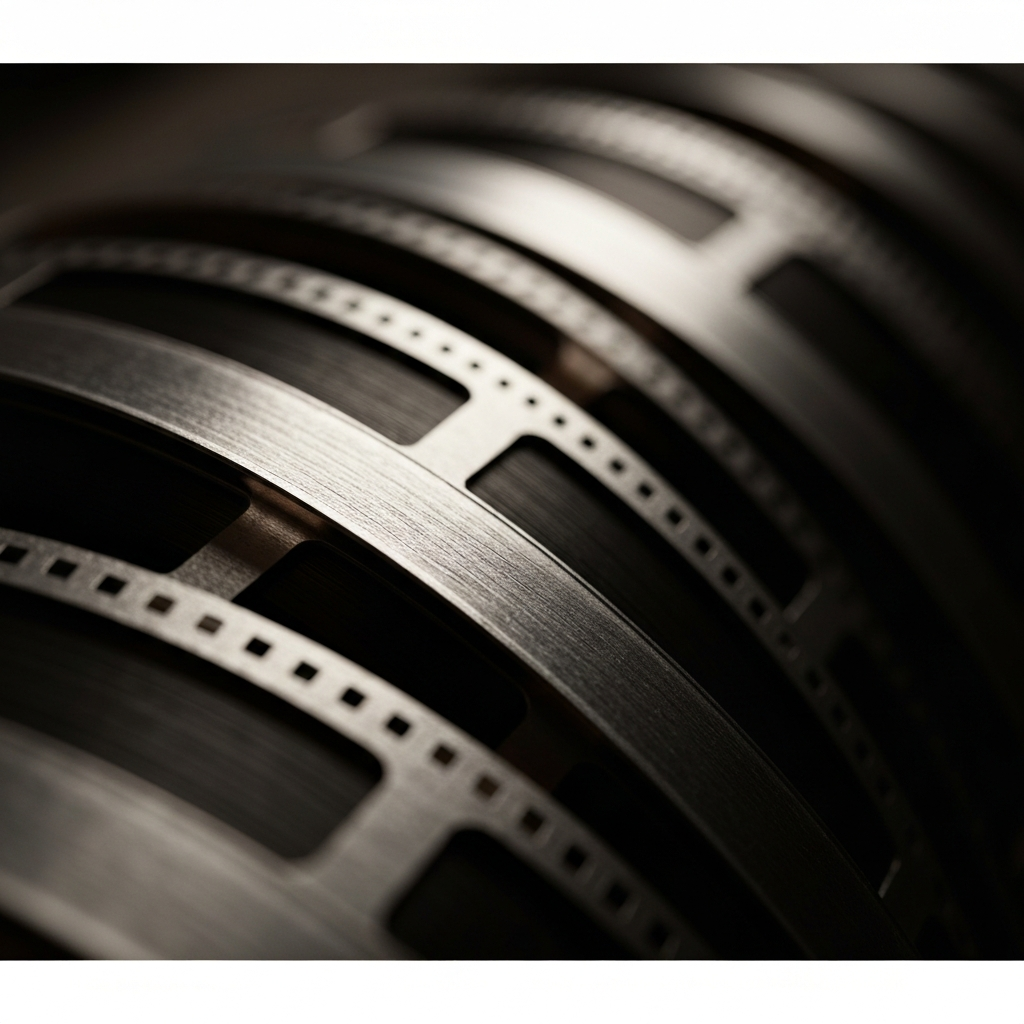 A close-up shot of film reels in a dimly lit archive, dust motes dancing in the shafts of light. Focus on the texture of the film, with a shallow depth of field creating a soft bokeh in the background.