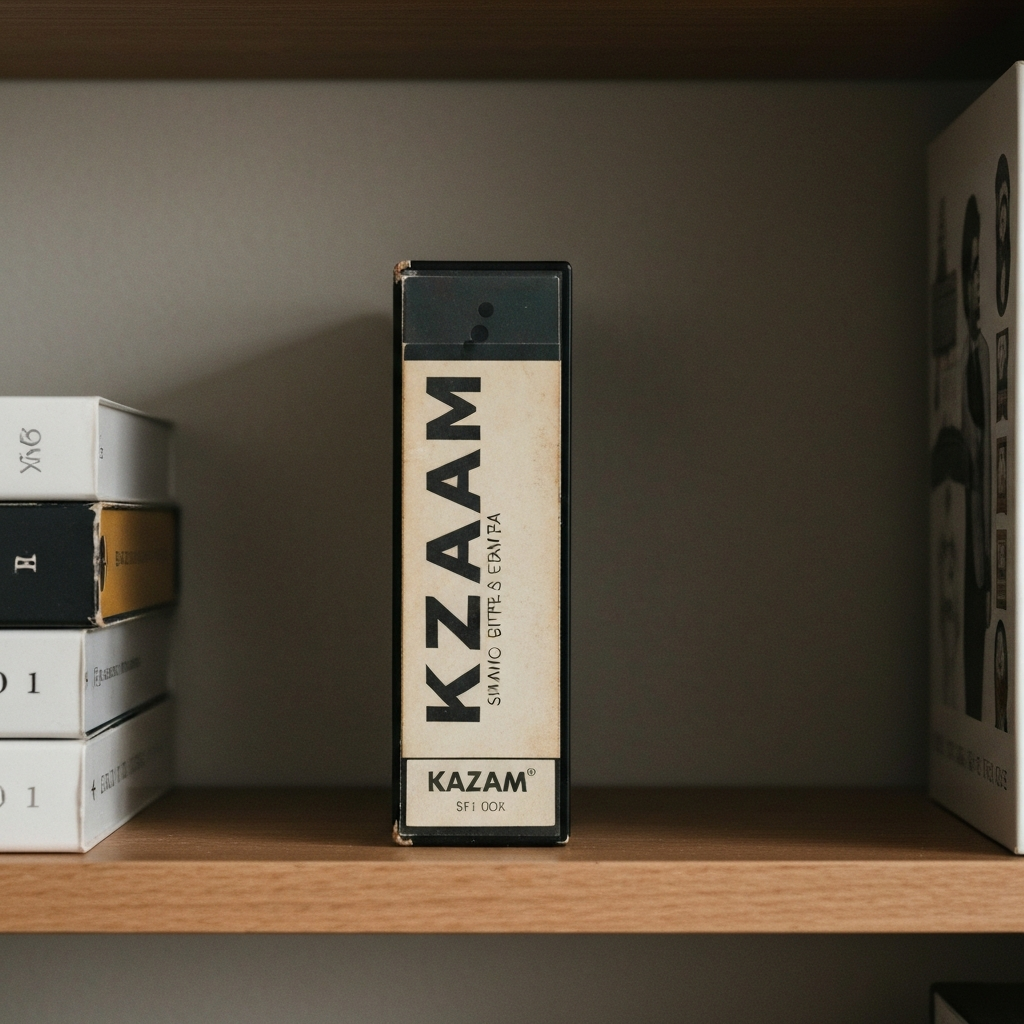 A side-lit shot of a vintage VHS tape case labeled "Kazaam," resting on a cluttered shelf. The lighting emphasizes the wear and tear on the case, giving it a nostalgic feel.