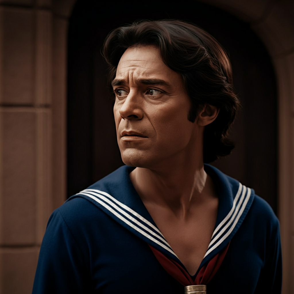 A slightly blurry still photograph, digitally enhanced, of Sinbad in the "Sinbad the Sailor" costume from the TV marathon. The colors are slightly faded, and the image has a slightly grainy texture.