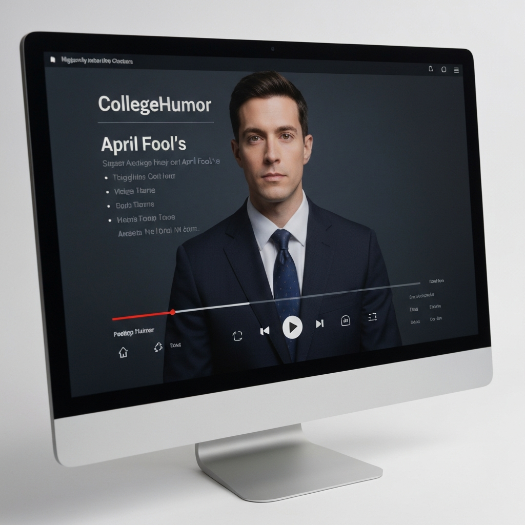 A computer screen displaying the CollegeHumor April Fool's video paused, with the video player controls visible. The lighting is neutral and reflects off the screen.