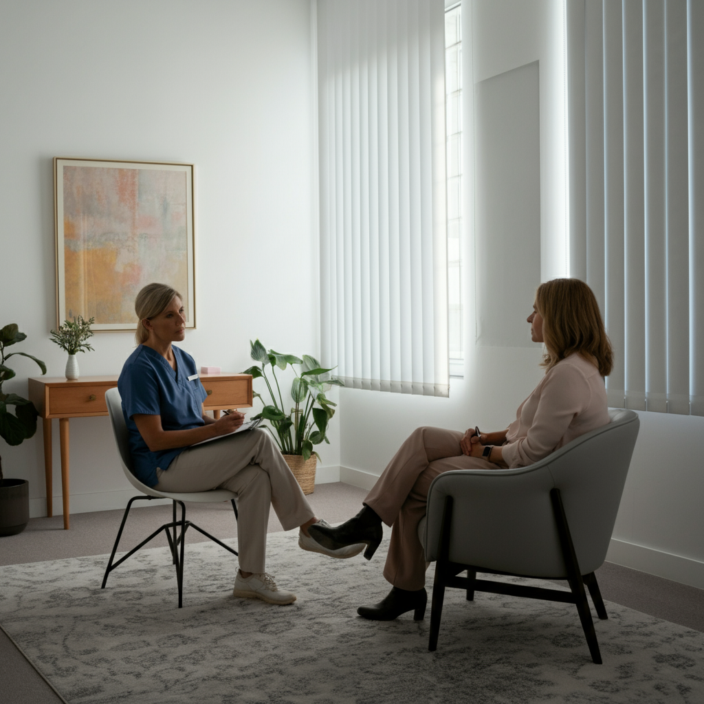 A softly lit, modern psychology office. The therapist is sitting in a comfortable chair, listening attentively to a client.