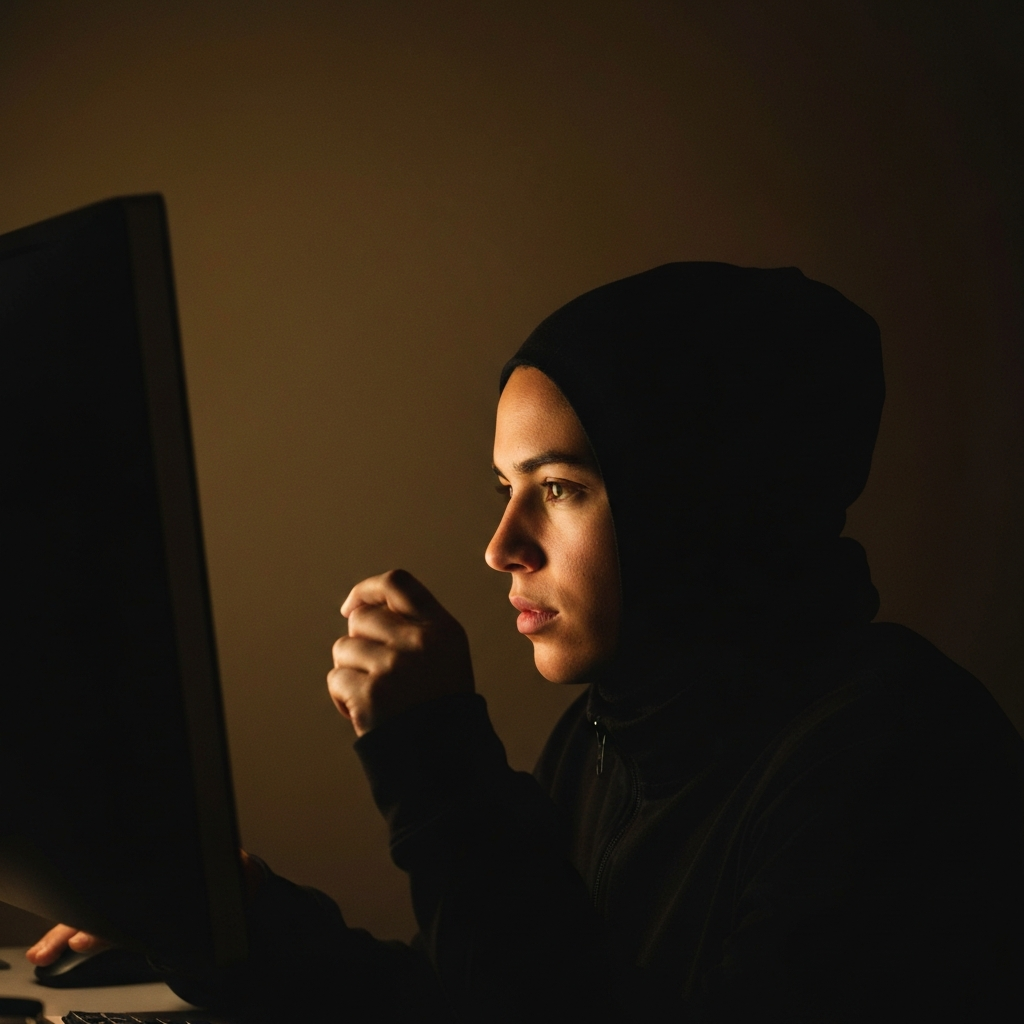 A dimly lit room with the glow of a computer screen illuminating a person's face. The person is intently focused on the screen, surrounded by the shadows.