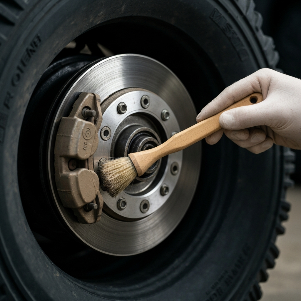 Close-up shot of a UTV wheel hub with brake caliper. A gloved hand uses a detailing brush to carefully remove dried mud from the brake rotor and caliper. Soft, diffused lighting shows the texture of the metal components and the mud being dislodged.