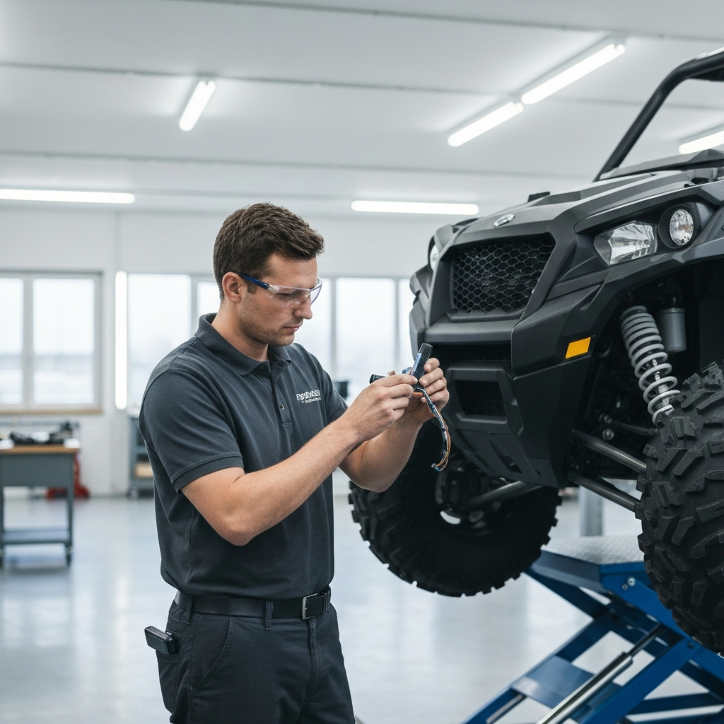 Mechanic in a clean workshop inspecting the wiring harness of a UTV. He is wearing safety glasses and using a small flashlight to examine the wiring. The workshop is well-lit with fluorescent lights, and the UTV is elevated on a lift.