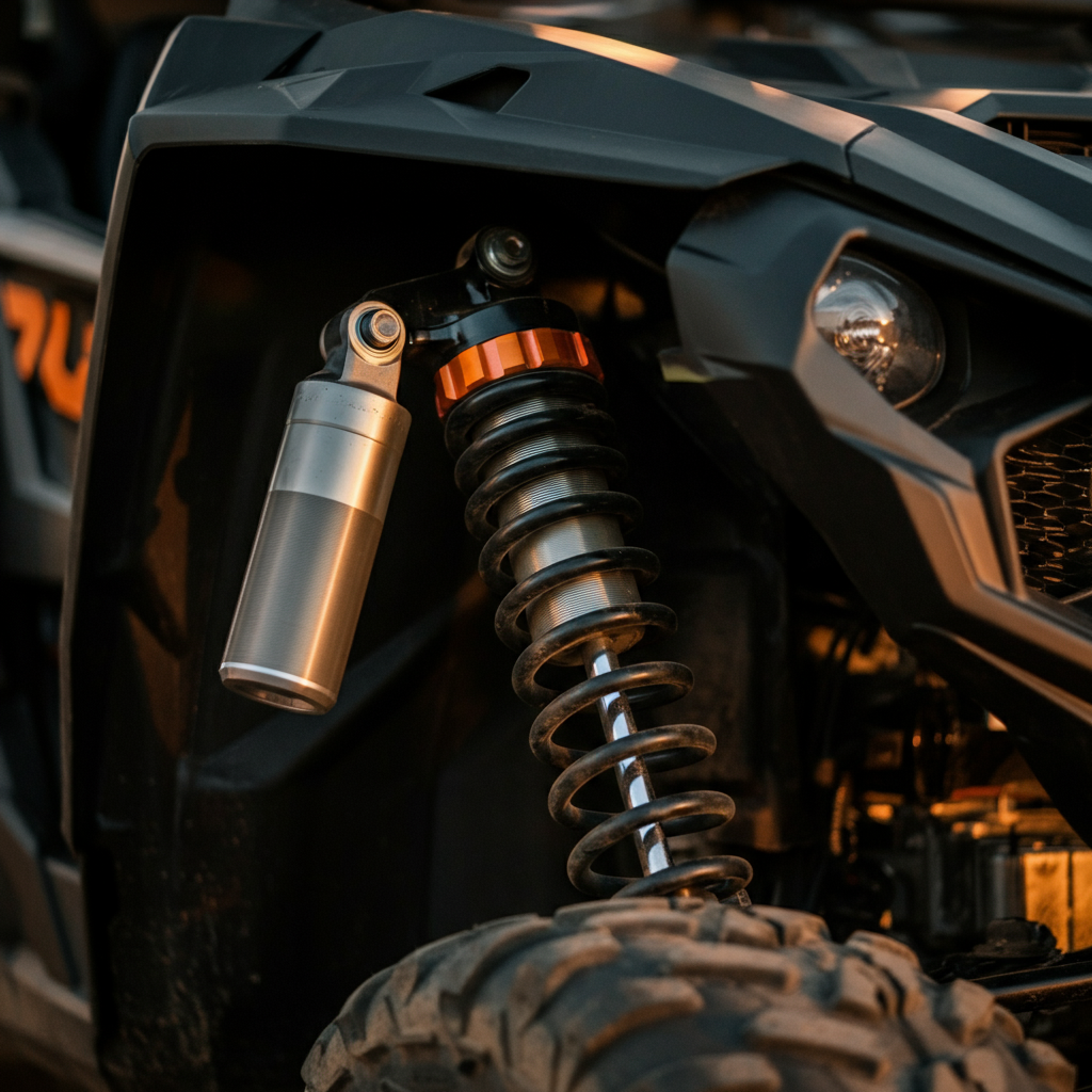 Close-up of a UTV shock absorber with a protective cover. Soft golden hour lighting highlighting the textures of the rubber and metal components. The background is blurred with soft bokeh to emphasize the shock absorber.