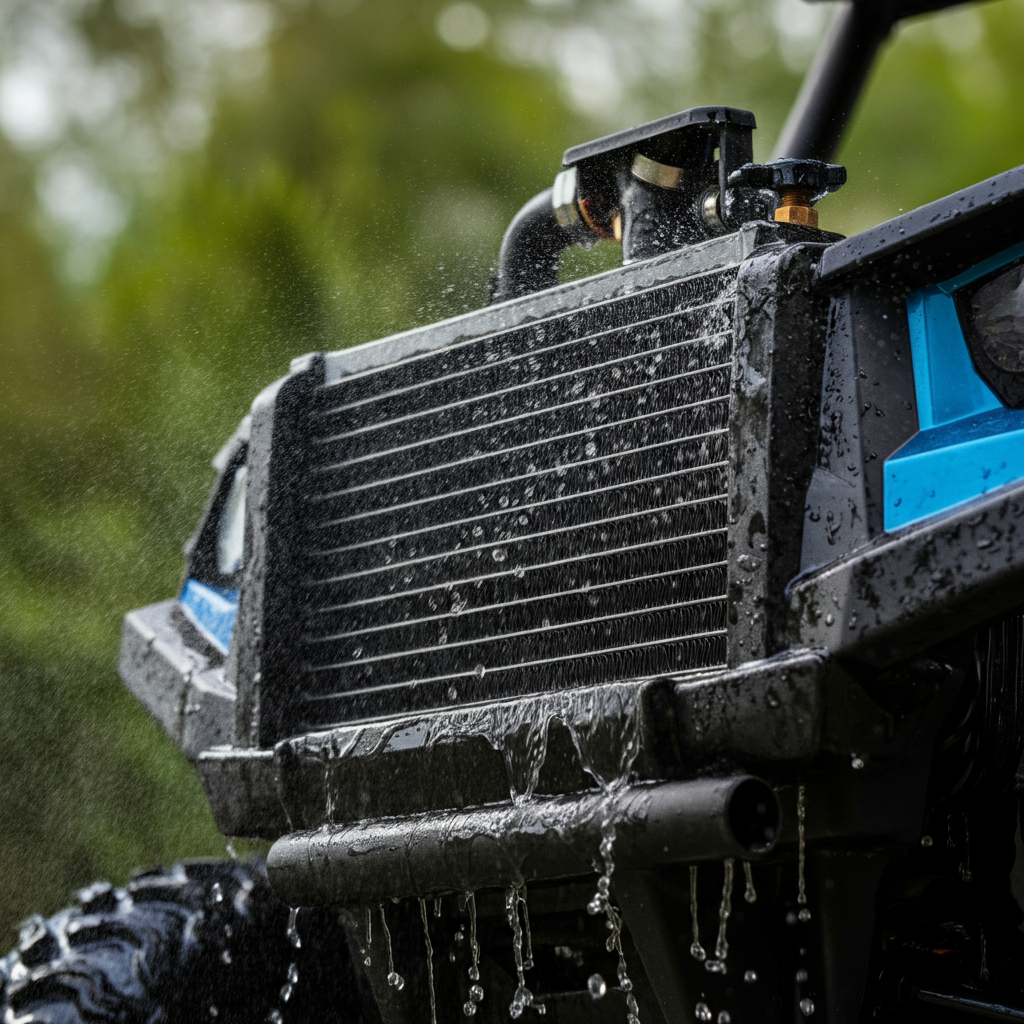 A UTV radiator being gently sprayed with water from a garden hose. The water stream is soft and diffused, and the background is a blur of green foliage. Focus on the water flowing through the radiator fins.
