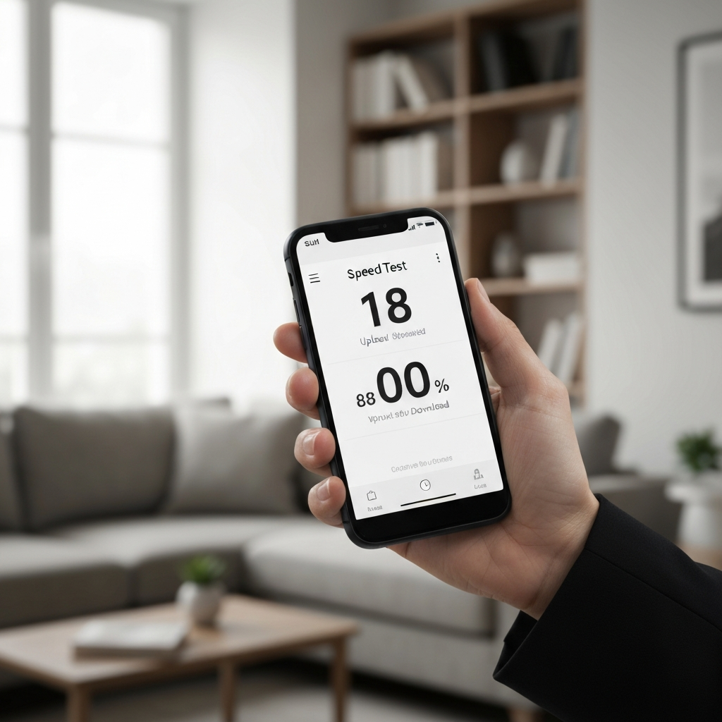 A close-up of a hand holding a smartphone displaying a speed test app interface, showing upload and download speeds. The phone is held against a blurred background of a modern living room with a sofa and bookshelf.