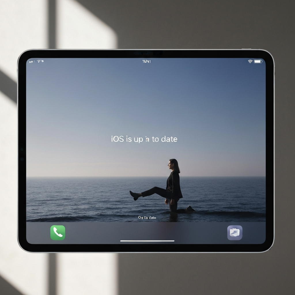 A tablet displaying the iOS Software Update screen, showing "iOS is up to date". Soft, diffused light highlights the sleek design of the tablet and the clarity of the screen.