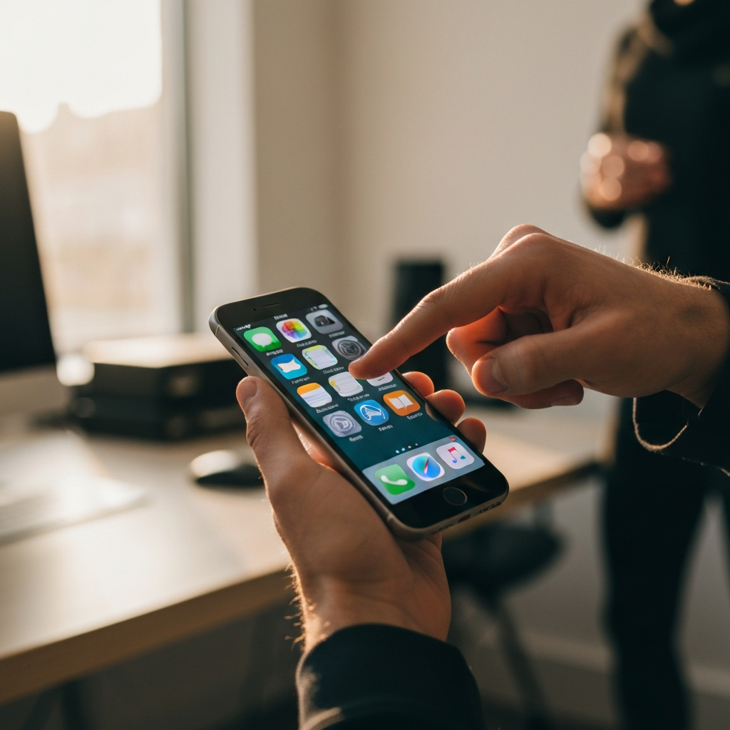 A person's hands performing the swipe-up gesture on an iPhone to close an app from the app switcher. The background is a softly blurred office environment with a desk and computer.