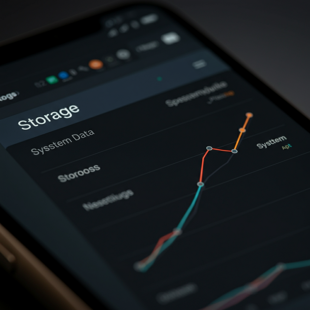 A close-up of the iPhone Storage screen in Settings, displaying a graph of storage usage with different categories like Photos, Apps, and System Data. The lighting is even and highlights the information displayed on the screen.