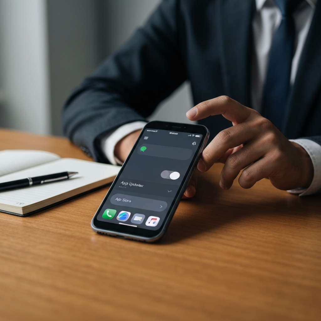 A hand reaching to toggle the "App Updates" switch in the App Store settings on an iPhone. The background is a warm-toned wooden desk with a notebook and pen.