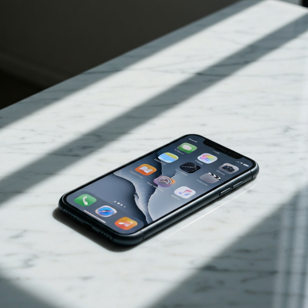 An iPhone resting on a cool, marble surface. The surrounding light is diffused and reflects subtly off the surface and the phone's screen, showing a paused FaceTime call.