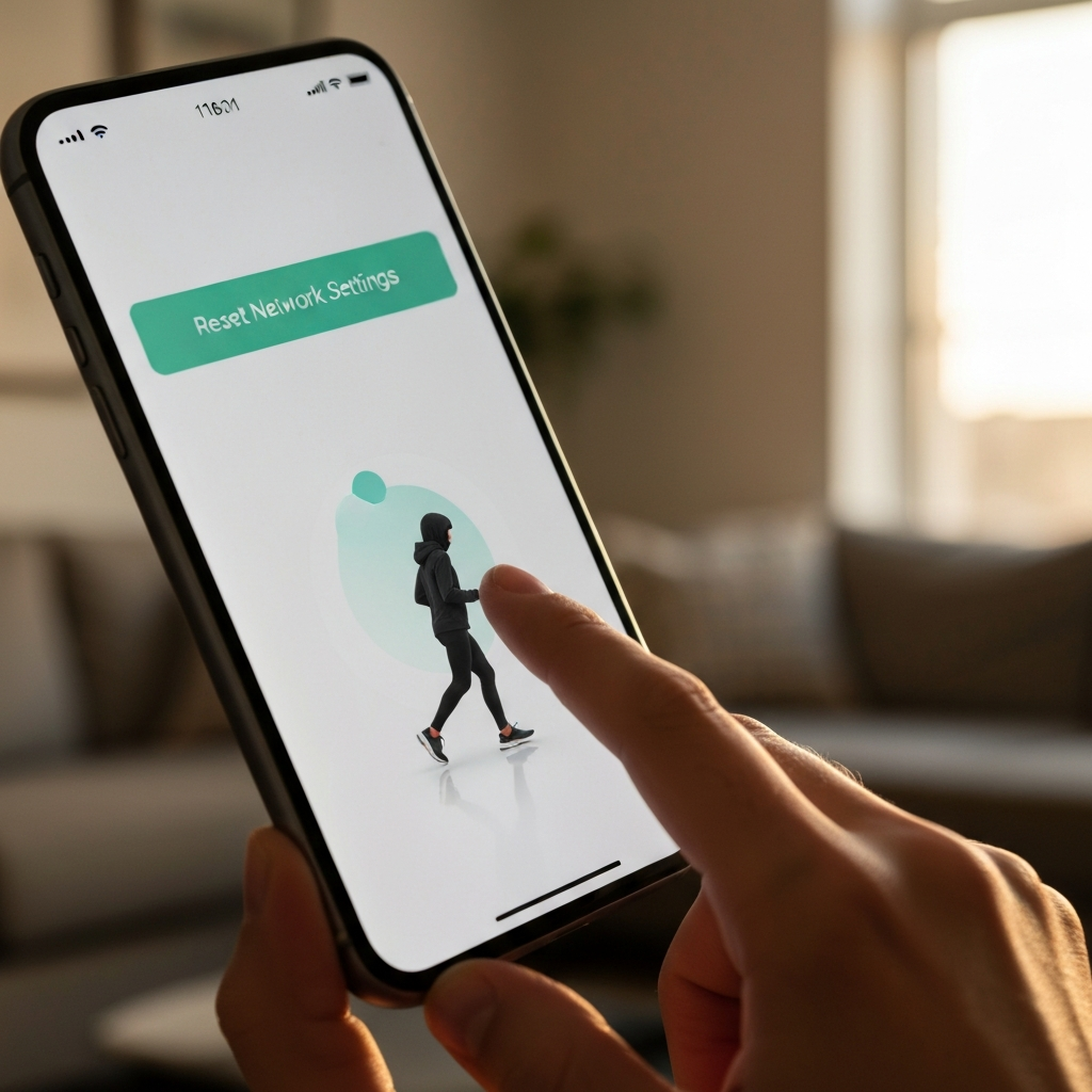A person's finger tapping the "Reset Network Settings" option on an iPhone screen. The background is a blurred-out living room with soft, natural lighting.