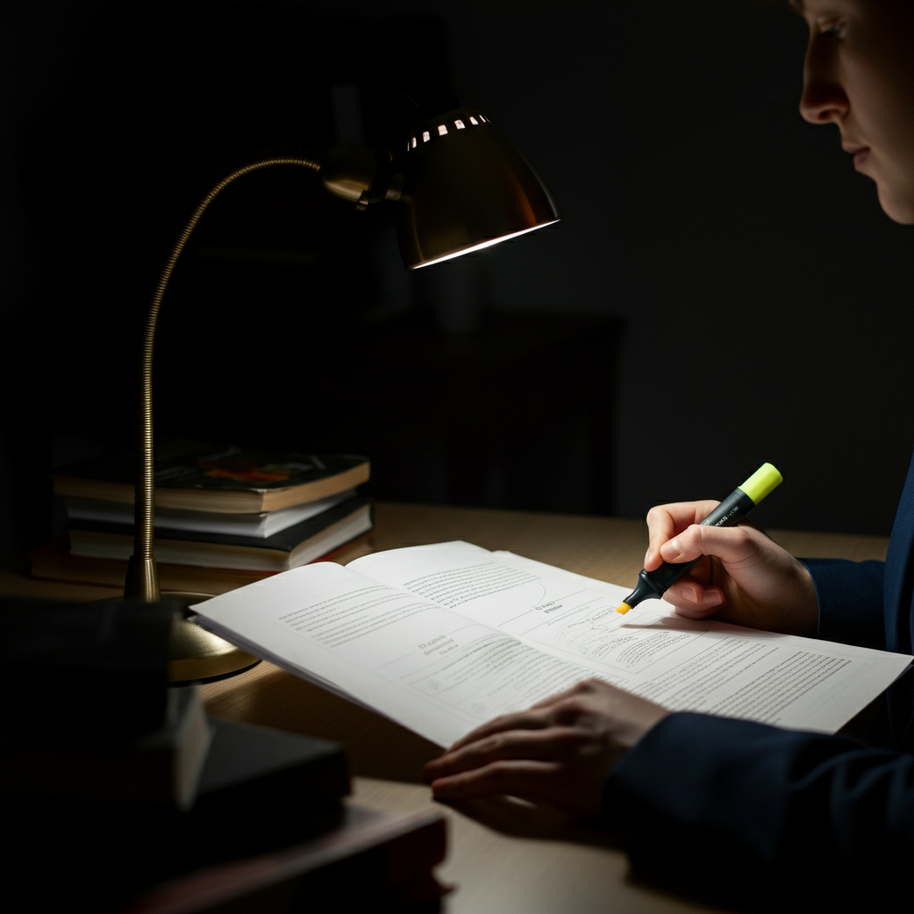 A student sitting at a desk, illuminated by a desk lamp, carefully reading a printed assignment sheet. A highlighter rests in their hand. Soft bokeh blurs the background of books and papers.