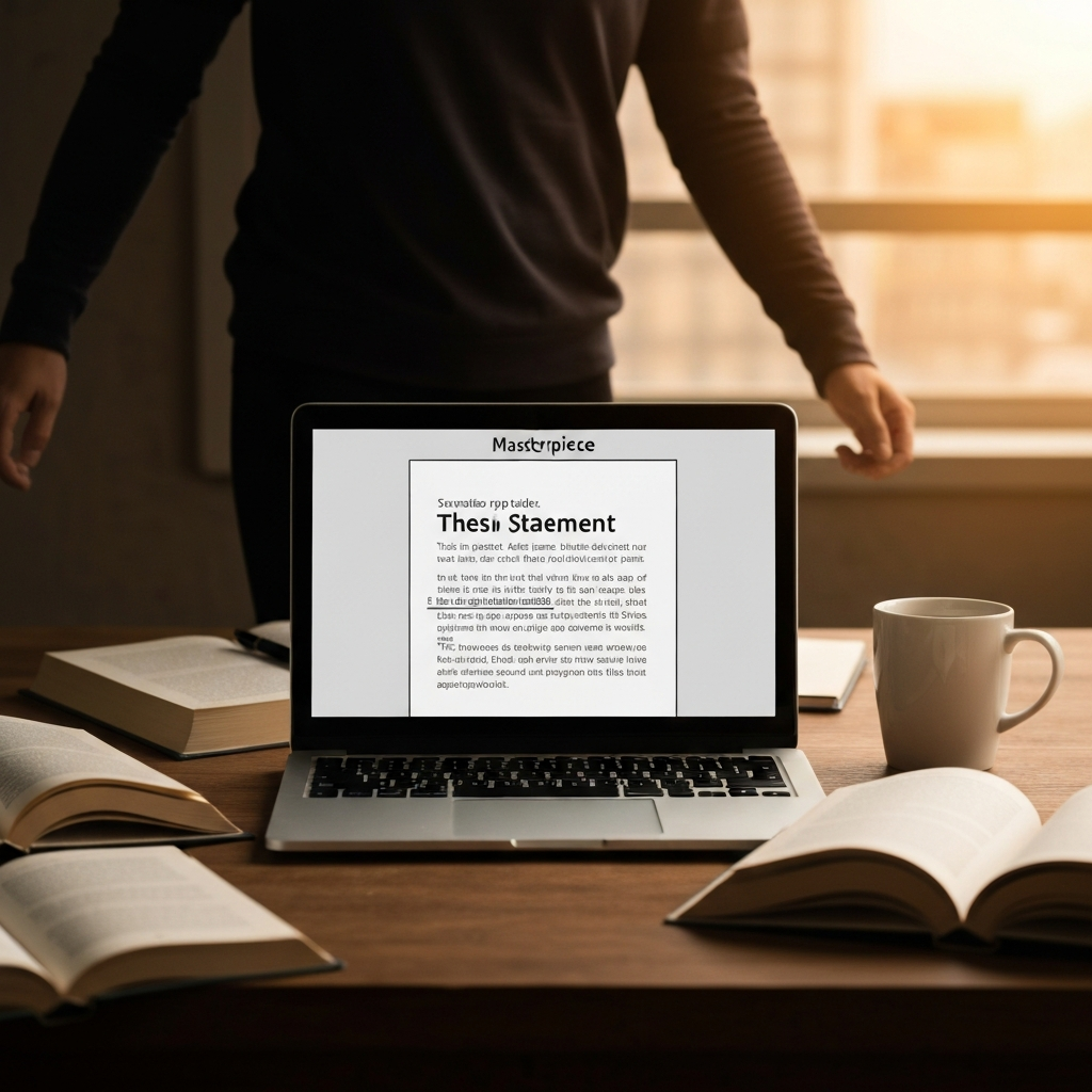 A laptop screen displaying a document with a highlighted sentence representing the thesis statement. The laptop is on a wooden desk, surrounded by open books and a coffee mug. Warm, diffused lighting creates a cozy atmosphere.