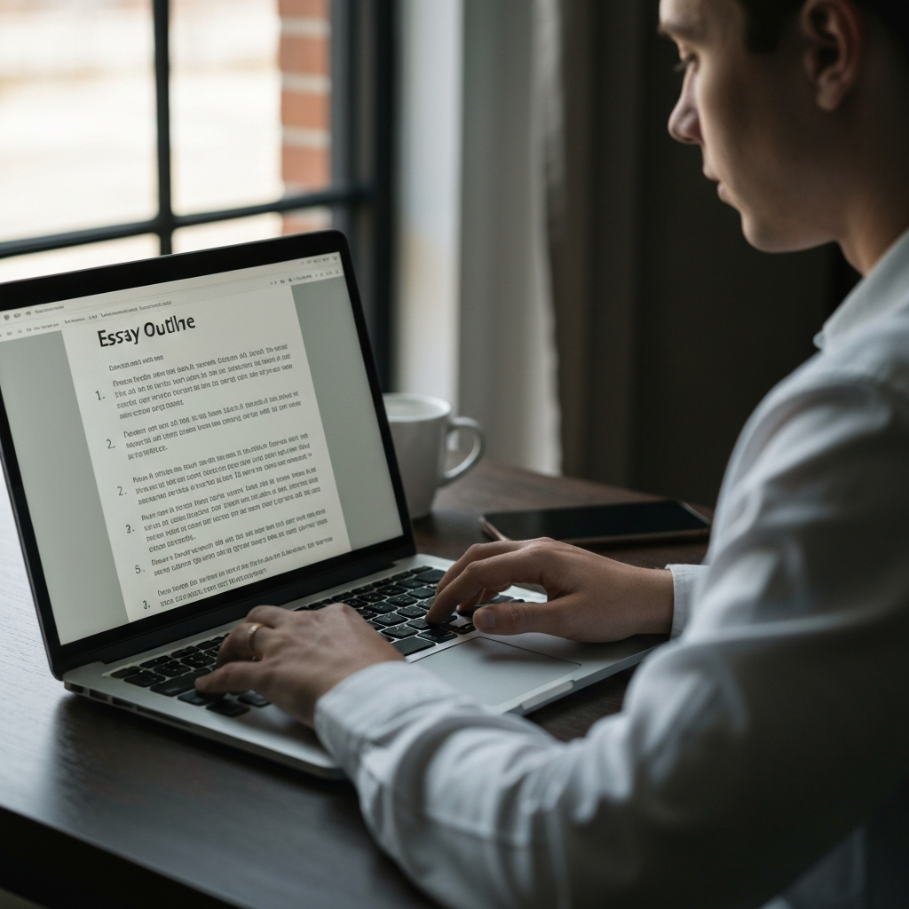 A person typing on a laptop, working on an essay outline document. The screen is visible, showing the different sections of the outline being populated with notes. Natural light fills the room from a nearby window.