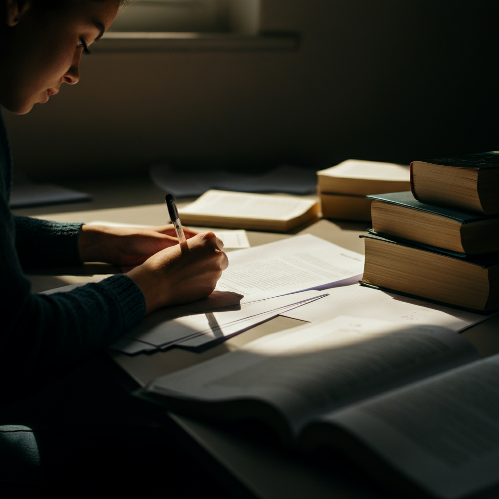 A student surrounded by books and research papers, highlighting passages and taking notes on a separate sheet of paper. Soft, warm light illuminates the scene, creating a focused atmosphere.