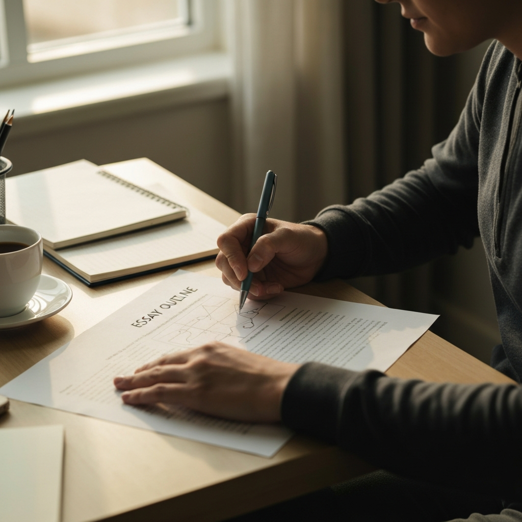 A person sitting at a desk, using a pen to mark up a printed essay outline. The desk is tidy and organized, with a cup of coffee and a notepad nearby. Soft, natural light streams in from a window, highlighting the textures of the paper and the pen.