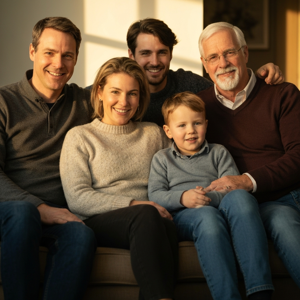 A warmly lit portrait of a multi-generational family. The family is seated comfortably on a plush sofa, with golden hour lighting casting a soft glow on their faces. The textures of their clothing, such as the wool of a sweater and the cotton of a shirt, are clearly visible.