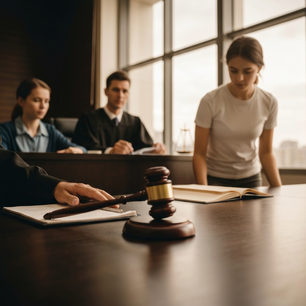 A brightly lit courtroom scene. A judge is seated at the bench, with a family gathered around a table. The scene is captured with a shallow depth of field, focusing on the judge's gavel and the legal documents on the table.