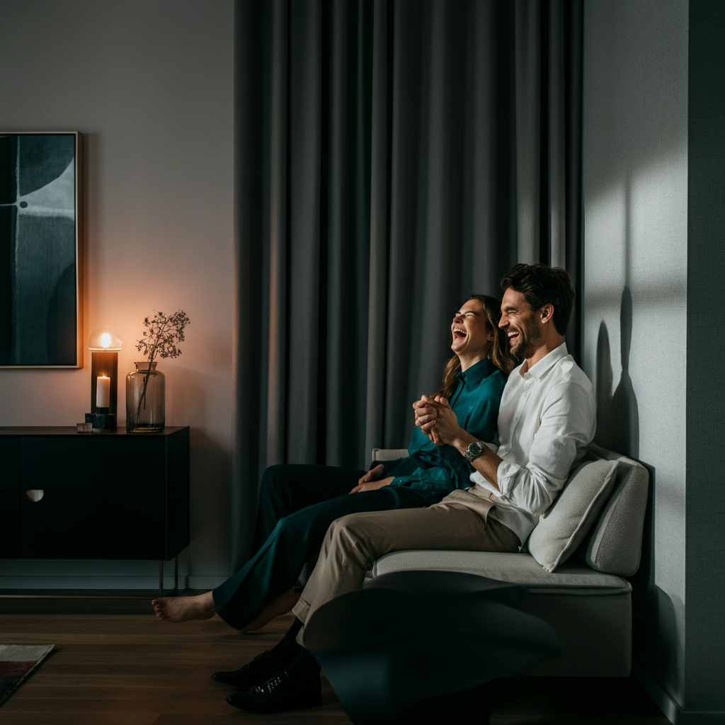 A modern apartment living room bathed in natural light. A couple is seen laughing together, side-lit by a large window, showcasing the texture of their intertwined hands. The room features neutral tones and minimalist decor, creating a sense of warmth and intimacy.
