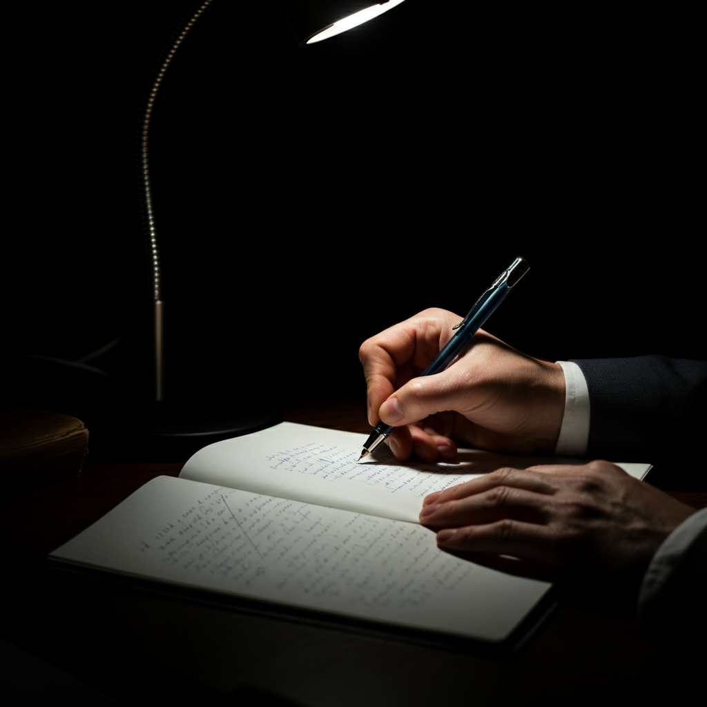 A writer at a desk, illuminated by a desk lamp. The focus is on the hand holding a pen, poised above a notebook filled with crossed-out sentences and neatly written lines. The soft light emphasizes the texture of the paper and the details of the pen.