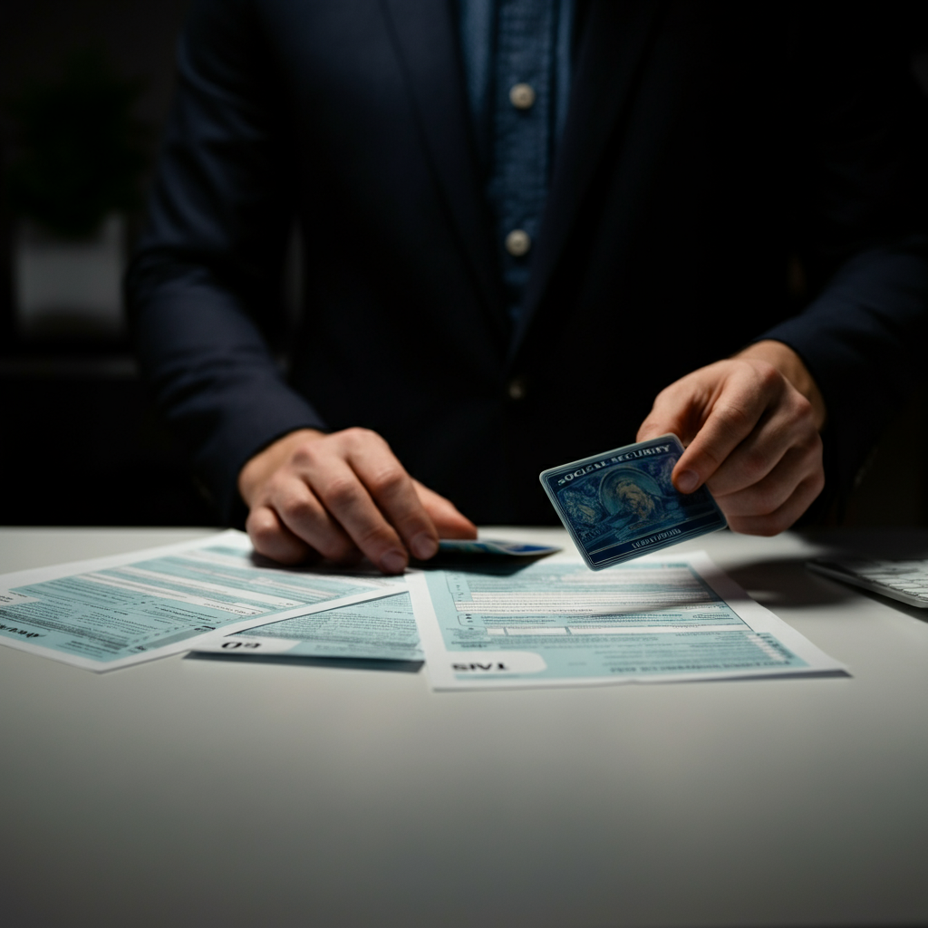 A brightly lit office desk covered in neatly organized tax forms: W-2, 1099-INT, 1099-DIV. A hand reaches in to place a Social Security card on top, soft bokeh in the background.