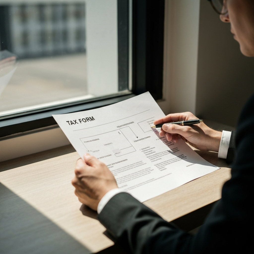 A person sitting at a table, reviewing a tax form flowchart outlining filing statuses. Natural light streams through a nearby window, illuminating the paper's texture.