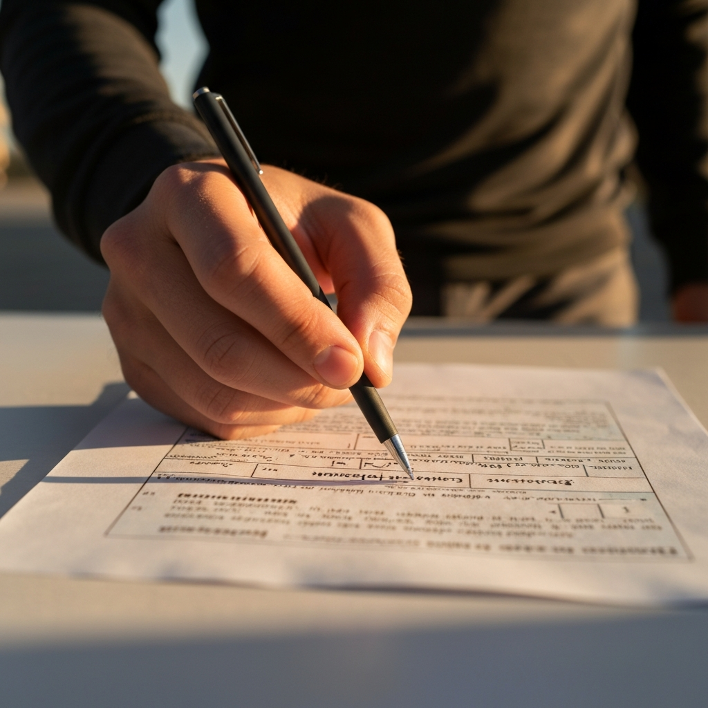 Close-up of a person's hand circling a section on a tax form related to deductions. Soft, diffused light creates subtle highlights on the paper.