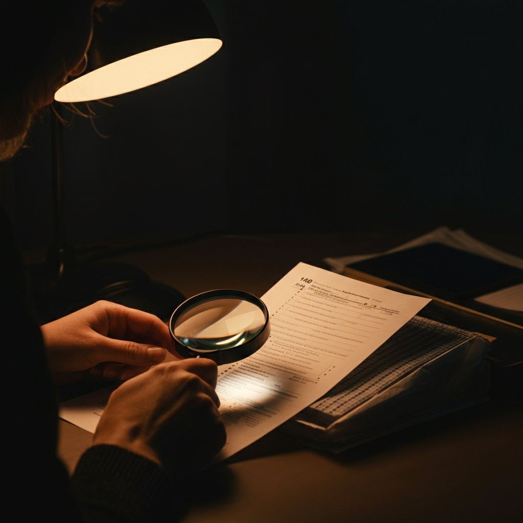 A person using a magnifying glass to carefully inspect a completed tax form, focusing on the numbers and details. The scene is lit with warm, inviting light.