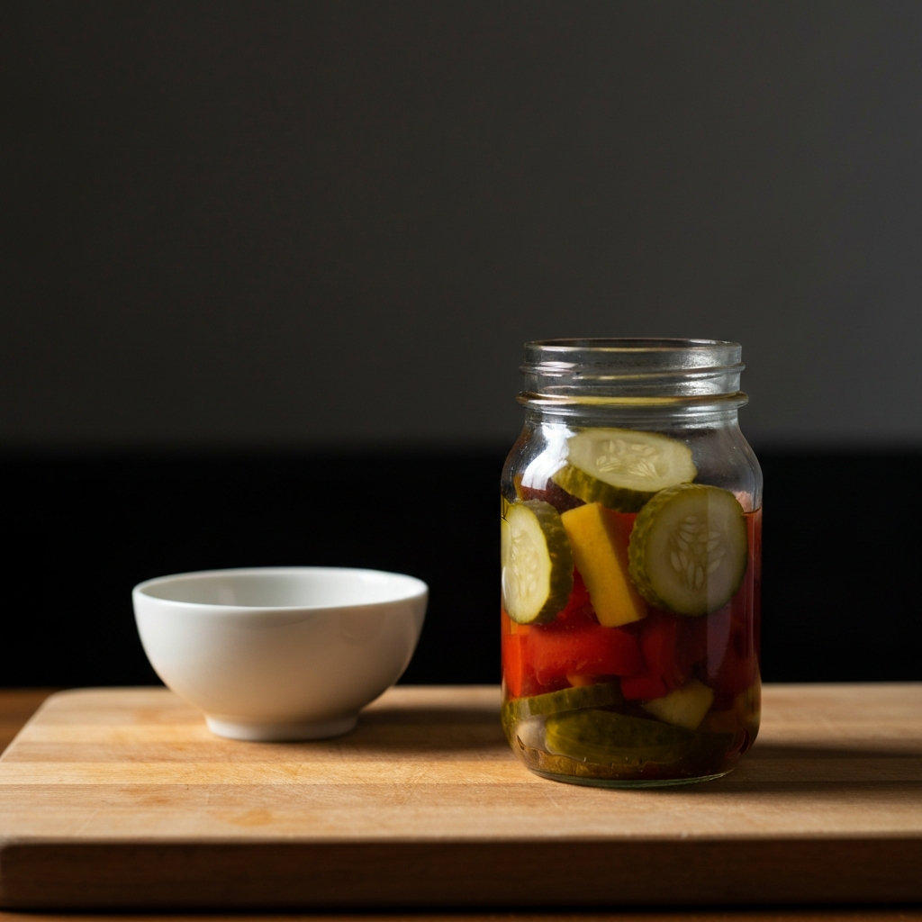 Close-up of a small glass jar filled with colorful homemade pickles, side-lit with soft, diffused light. The jar sits on a wooden cutting board alongside a small porcelain bowl.