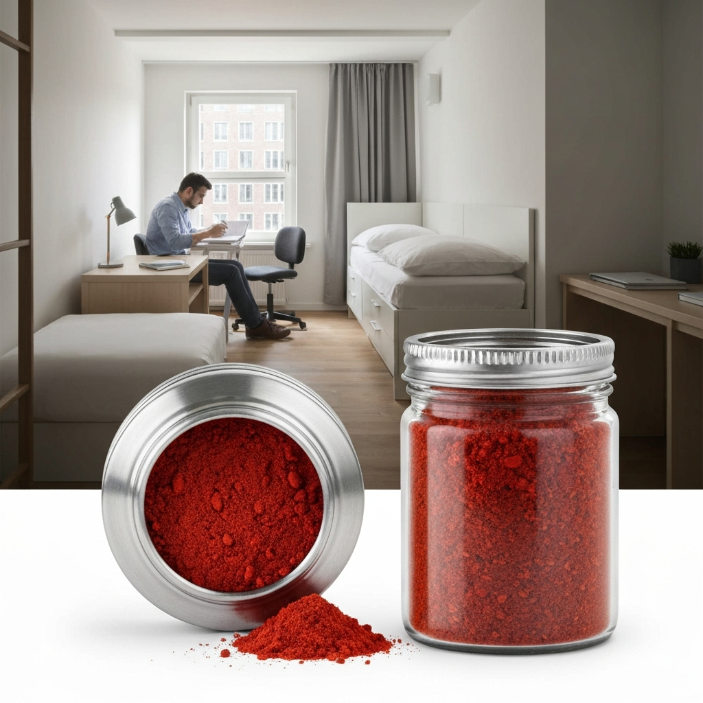 A small stainless-steel spice jar containing vibrant red podi powder. The background shows a blurred image of a dorm room with a student studying.
