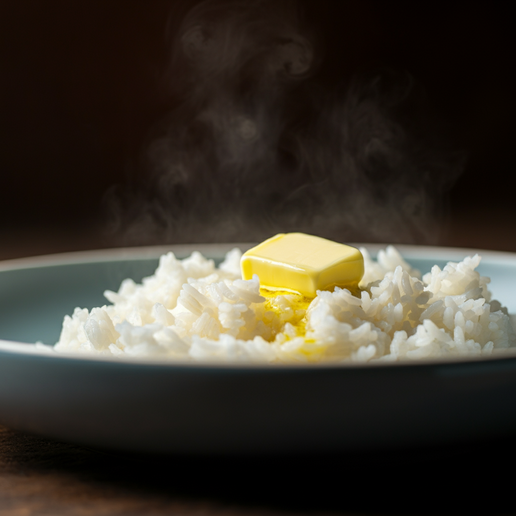 A close-up shot of a pat of butter melting on a steaming plate of white rice. Soft bokeh in the background creates a warm, inviting atmosphere.