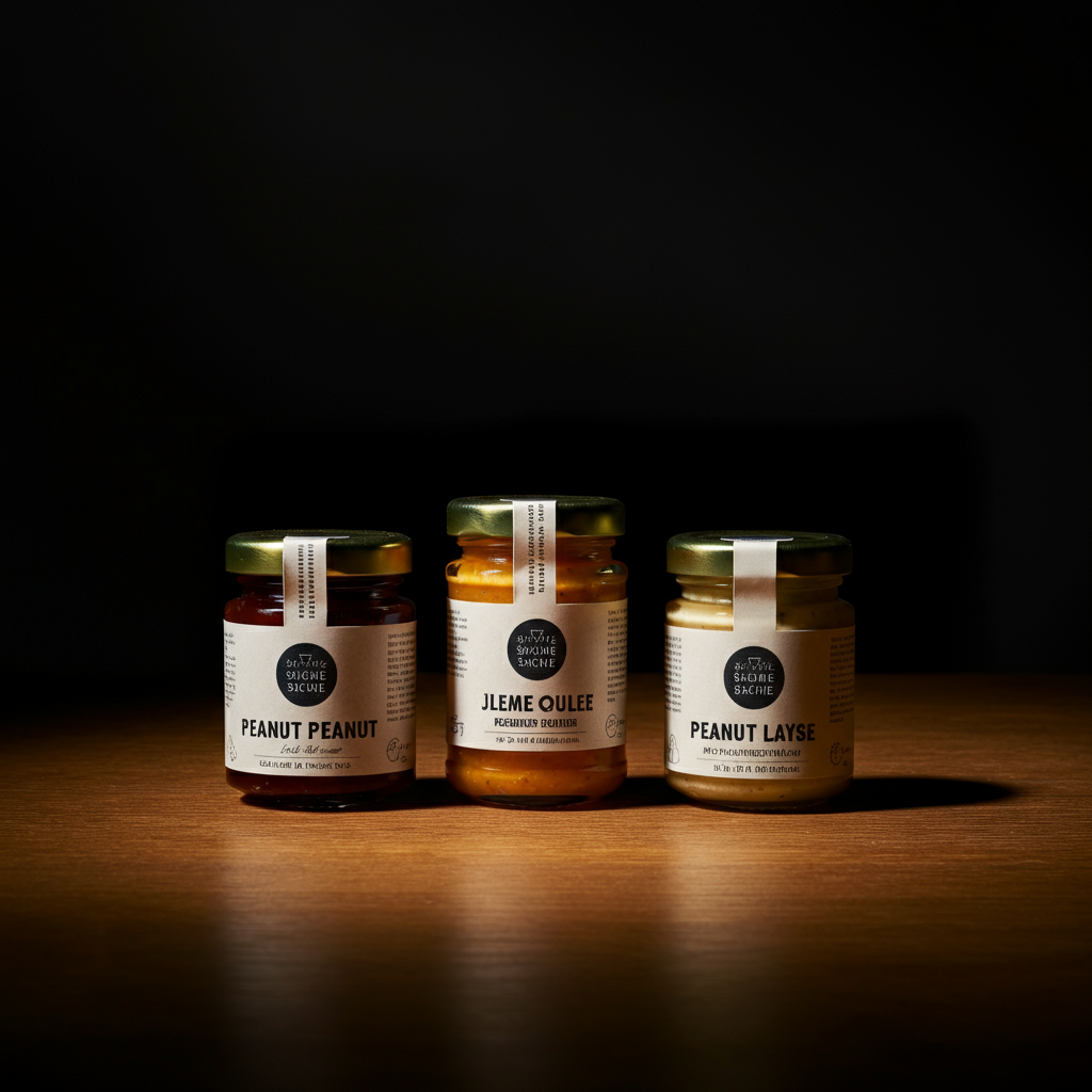 Three small jars containing different colorful spreads (jam, peanut butter, hummus) arranged on a simple wooden table. Natural window light illuminates the scene.