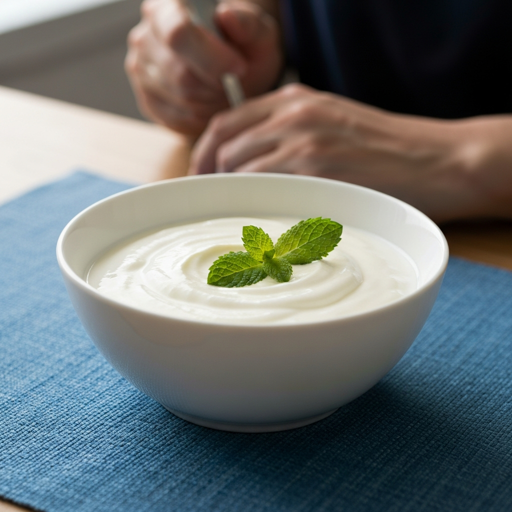 A white ceramic bowl filled with creamy yogurt, garnished with a few fresh mint leaves. The bowl sits on a blue placemat, and soft light emphasizes the smooth texture of the yogurt.