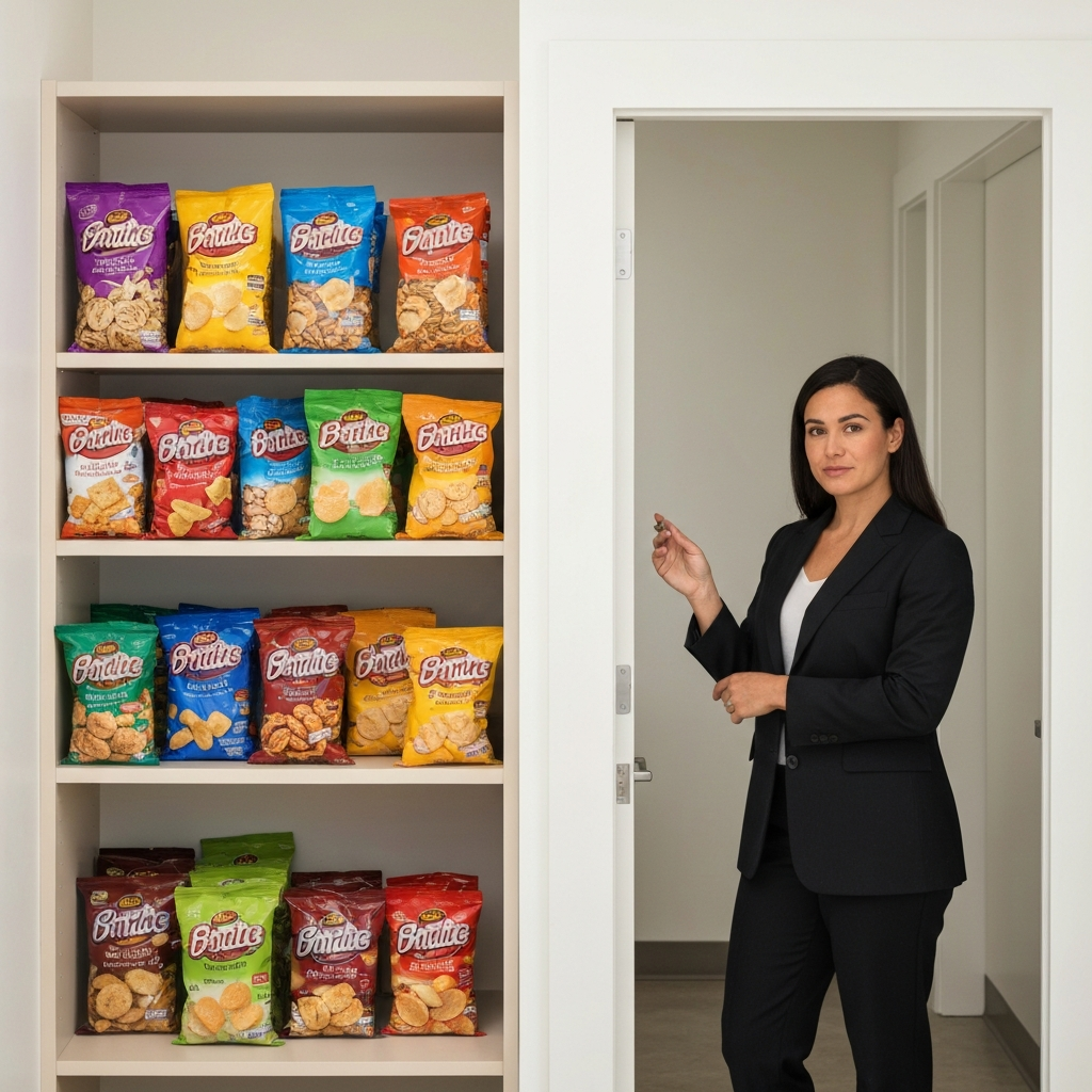 An assortment of colorful snack bags (chips, pretzels, crackers) arranged neatly on a shelf in a dorm room pantry. The scene is brightly lit, and the bags are clearly visible.