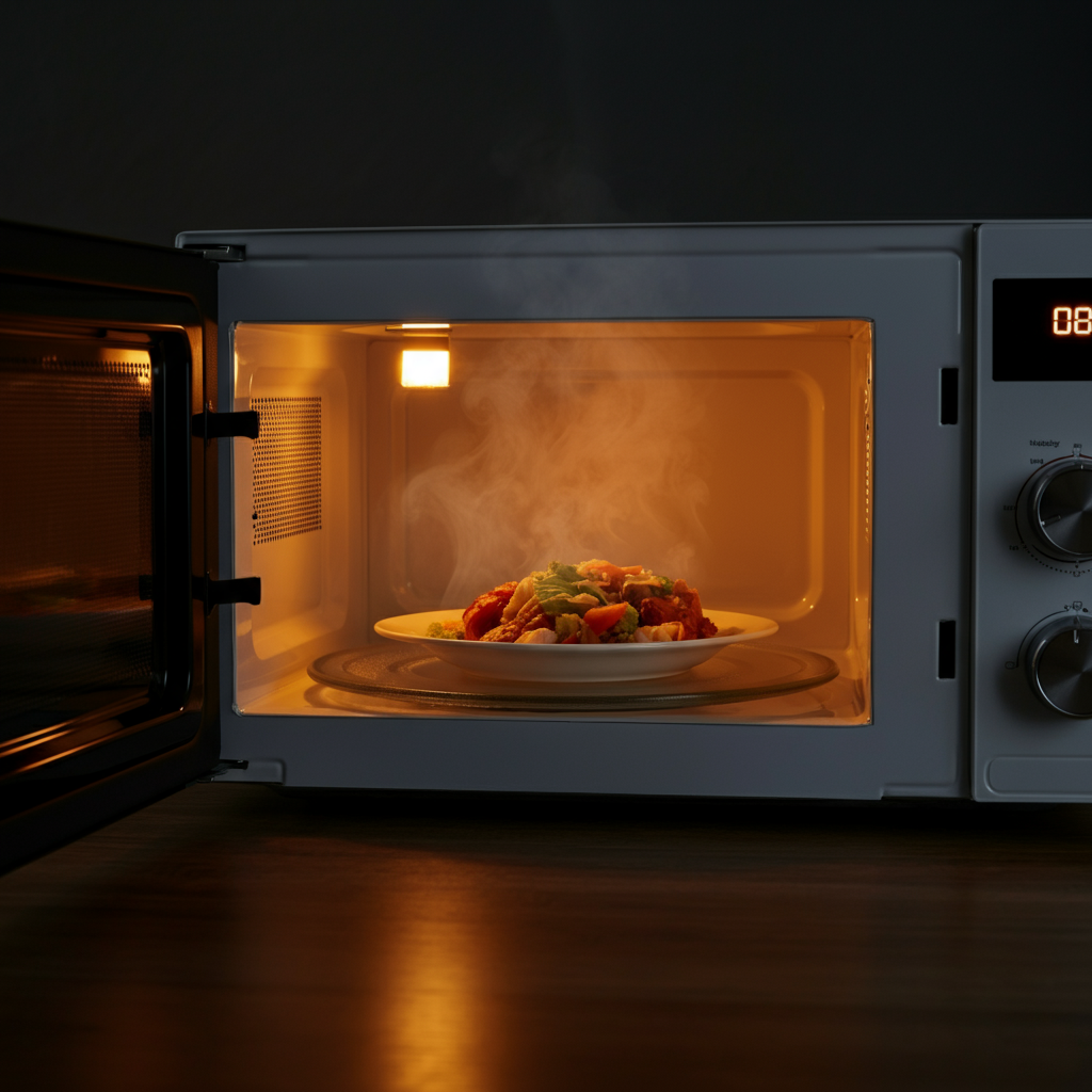 A microwave oven with a steaming plate of food inside. Soft interior light illuminates the food, and the microwave door is slightly ajar.