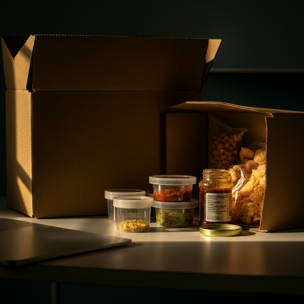 A care package from home, partially unpacked on a dorm room desk. The package contains small containers of spices, sauces, and homemade snacks. Golden hour lighting creates a warm, sentimental atmosphere.