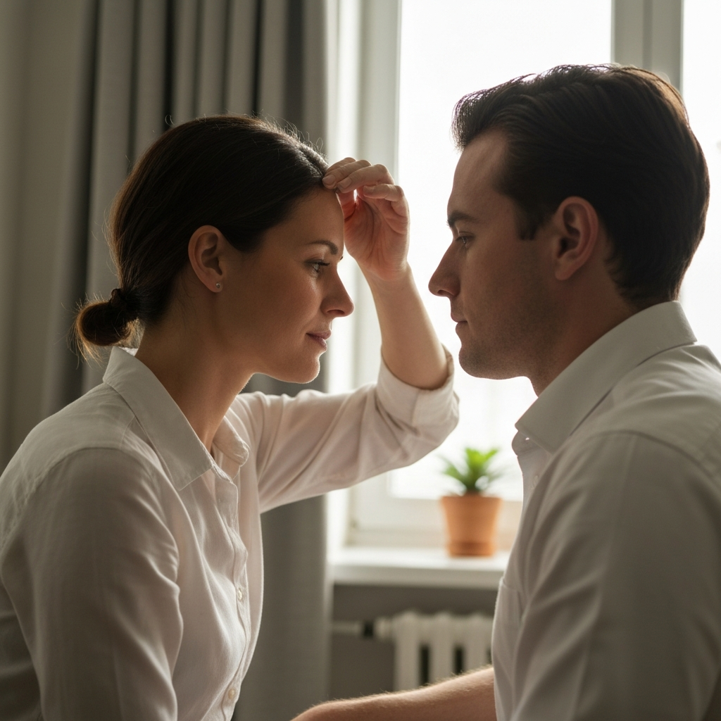 A woman gently touching her husband's forehead, checking for fever. Soft, natural light filters through a window, highlighting the texture of their skin. The room is tidy and calming.