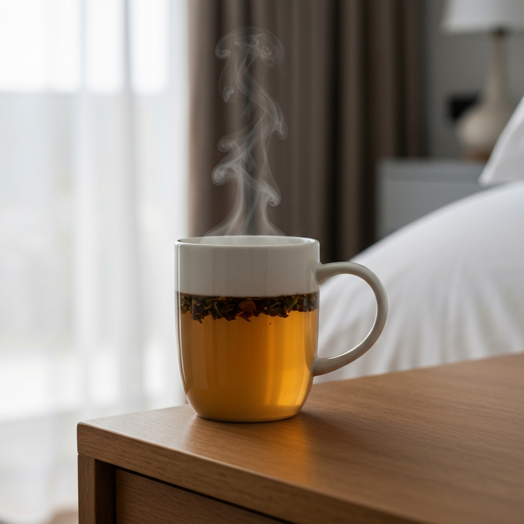 A side-lit close-up of a steaming mug of herbal tea on a wooden bedside table. Soft bokeh in the background showing a partially drawn curtain.
