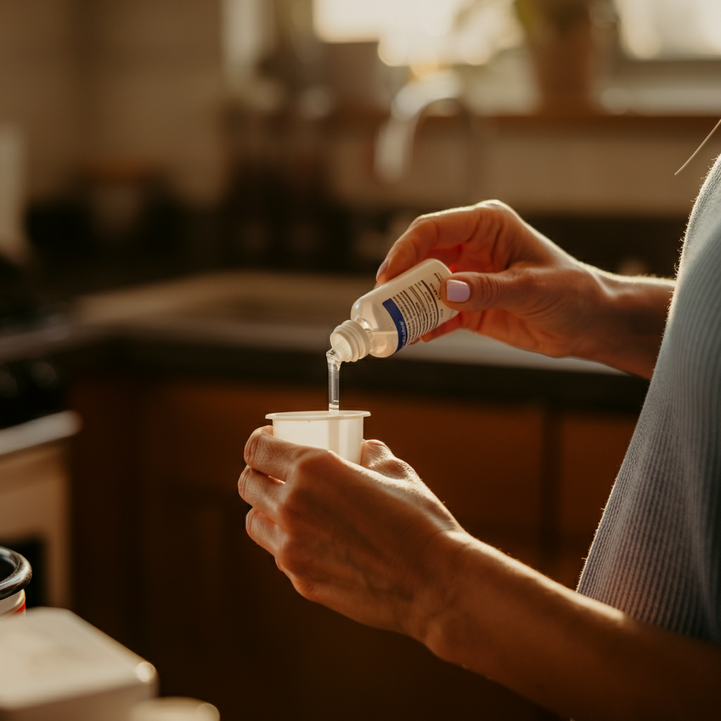 A woman's hand carefully measuring liquid medication into a small cup. The background is blurred, but suggests a well-lit kitchen counter.