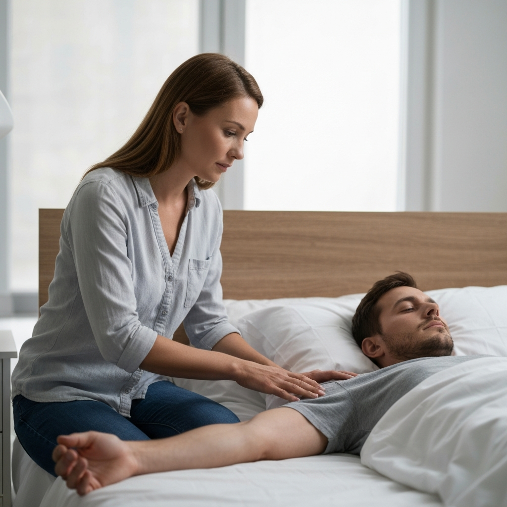 A concerned woman sitting on the edge of a bed, gently touching her husband's arm as he lies resting. The light is soft and diffused.
