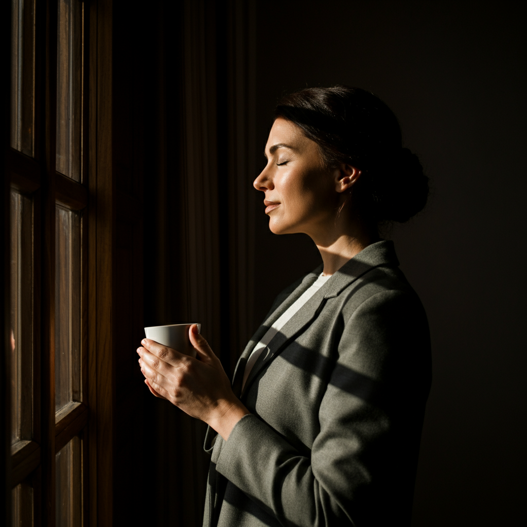 A woman taking a deep breath, eyes closed, standing near a window with golden hour lighting casting long shadows. She is holding a cup of coffee.