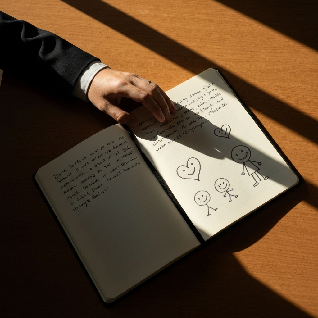 Overhead shot of a sketchbook resting on a wooden table. The sketchbook is open, revealing handwritten notes and simple line drawings of hearts, smiling faces, and stick figures. Sunlight streams in from a nearby window, casting long shadows across the table.