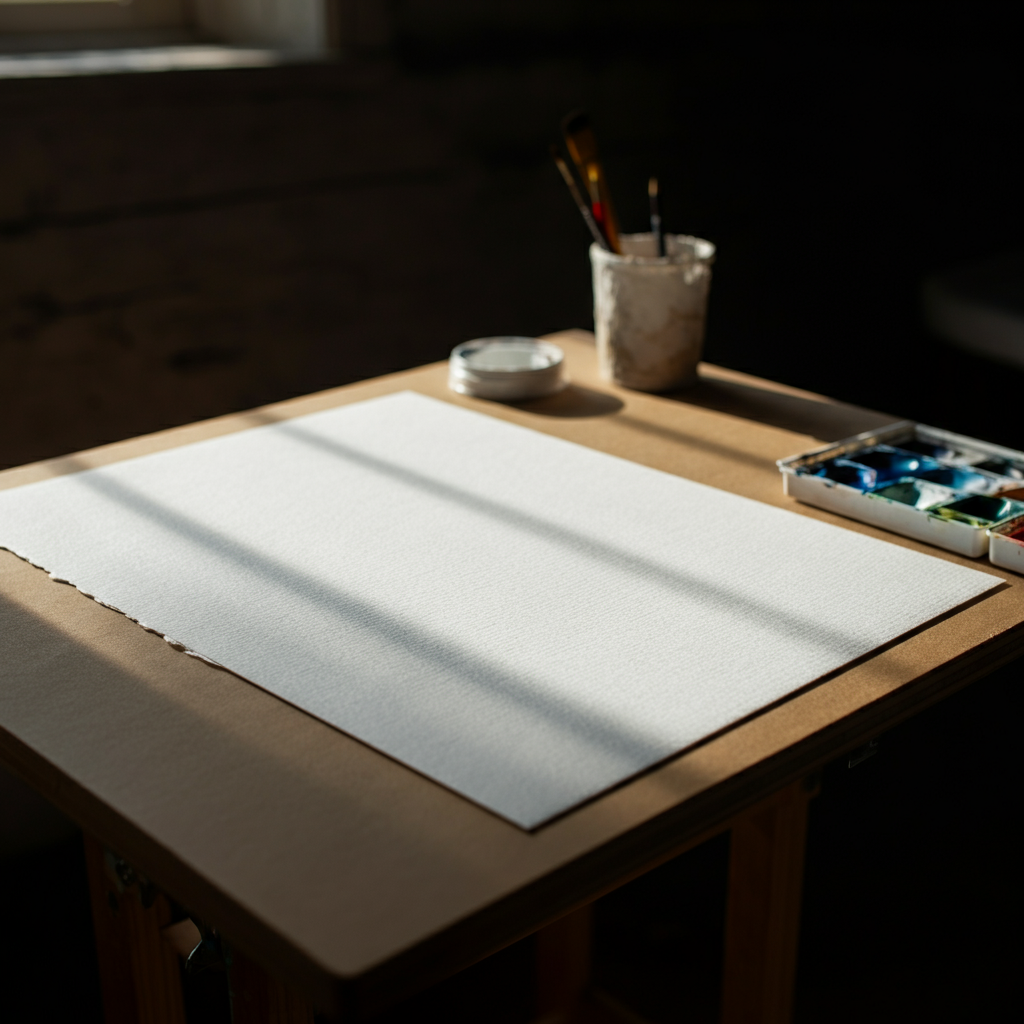 A sheet of white watercolor paper resting on a drawing board. The paper is textured and slightly rough to the touch. Natural light illuminates the paper, highlighting its subtle details.